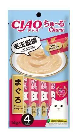 Купить inaba ciao churu Лакомство для кошек Пюре Тунец Магуро Для вывода шерсти из ЖКТ