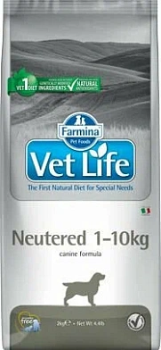 Farmina Vet Life neutered 1-10kg сухой корм для взрослых кастрированных или стерилизованных собак всех пород для контроля веса и профилактики мкб