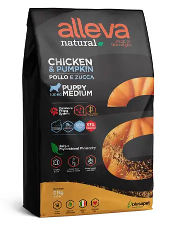Купить alleva natural dog сухой корм для щенков средних пород с курицей и тыквой