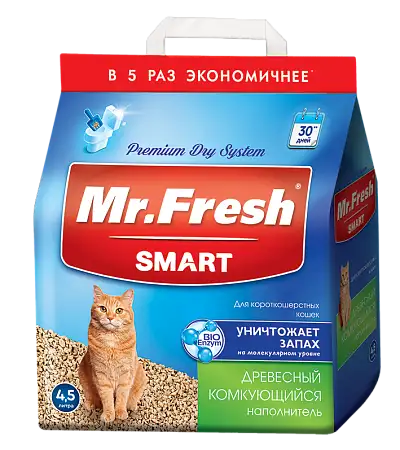 Купить mr.fresh комкующийся древесный наполнитель для короткошерстных кошек