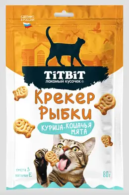 TiTBiT Лакомый кусочек лакомство для кошек, крекер с курицей и кошачьей мятой, рыбки