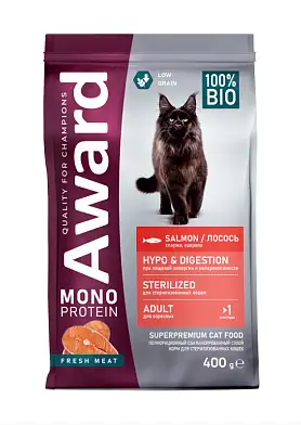 Award Monoprotein сухой корм для взрослых стерилизованных кошек из лосося с добавлением спаржи и ацеролы