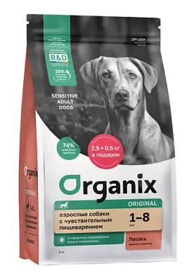 Organix Adult Sensitive сухой корм для взрослых собак всех пород с чувствительным пищеварением с лососем, фруктами и овощами 